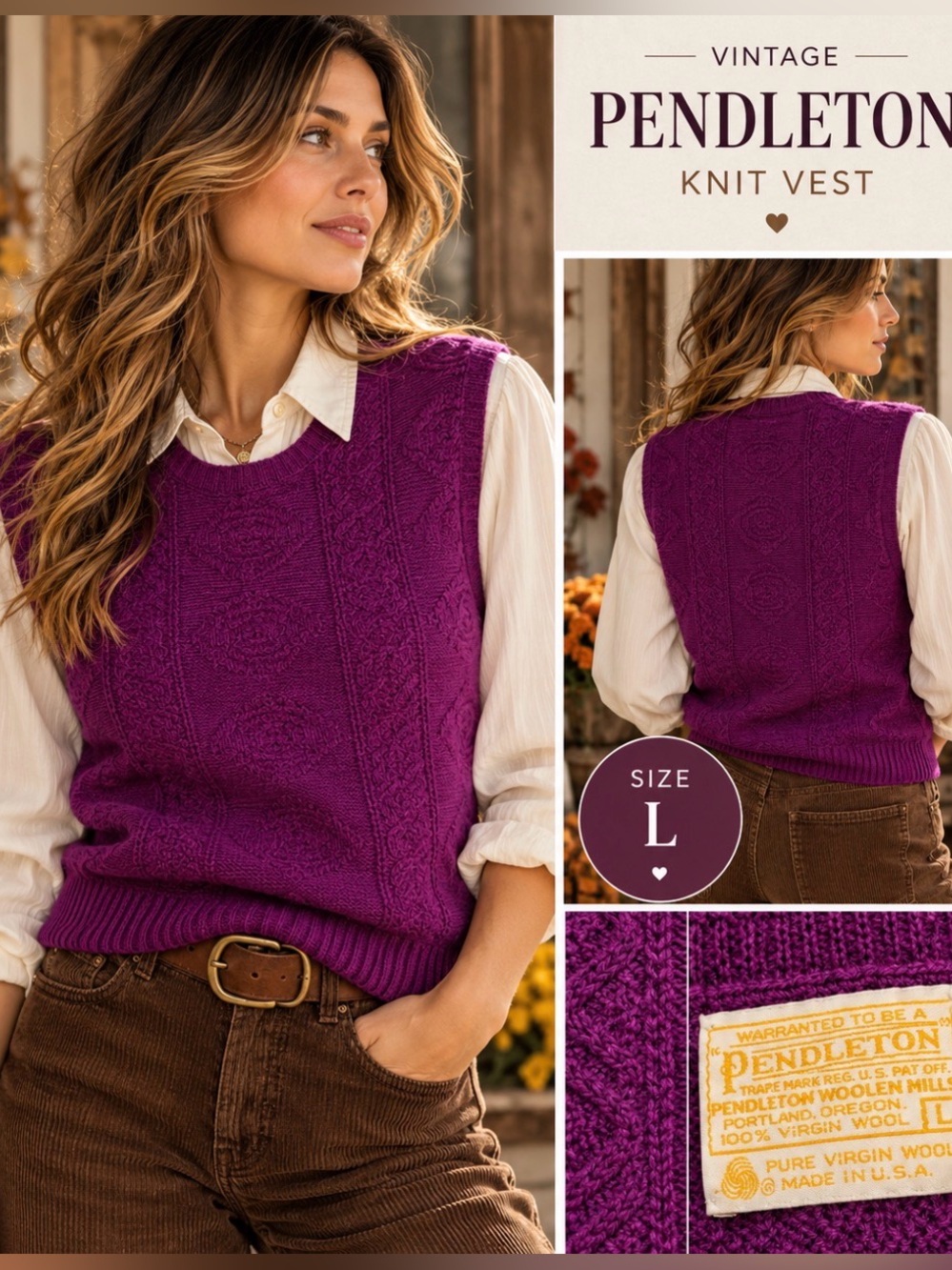 Vintage 80s Pendleton - Purple Knit Sleeveless Sweater Vest